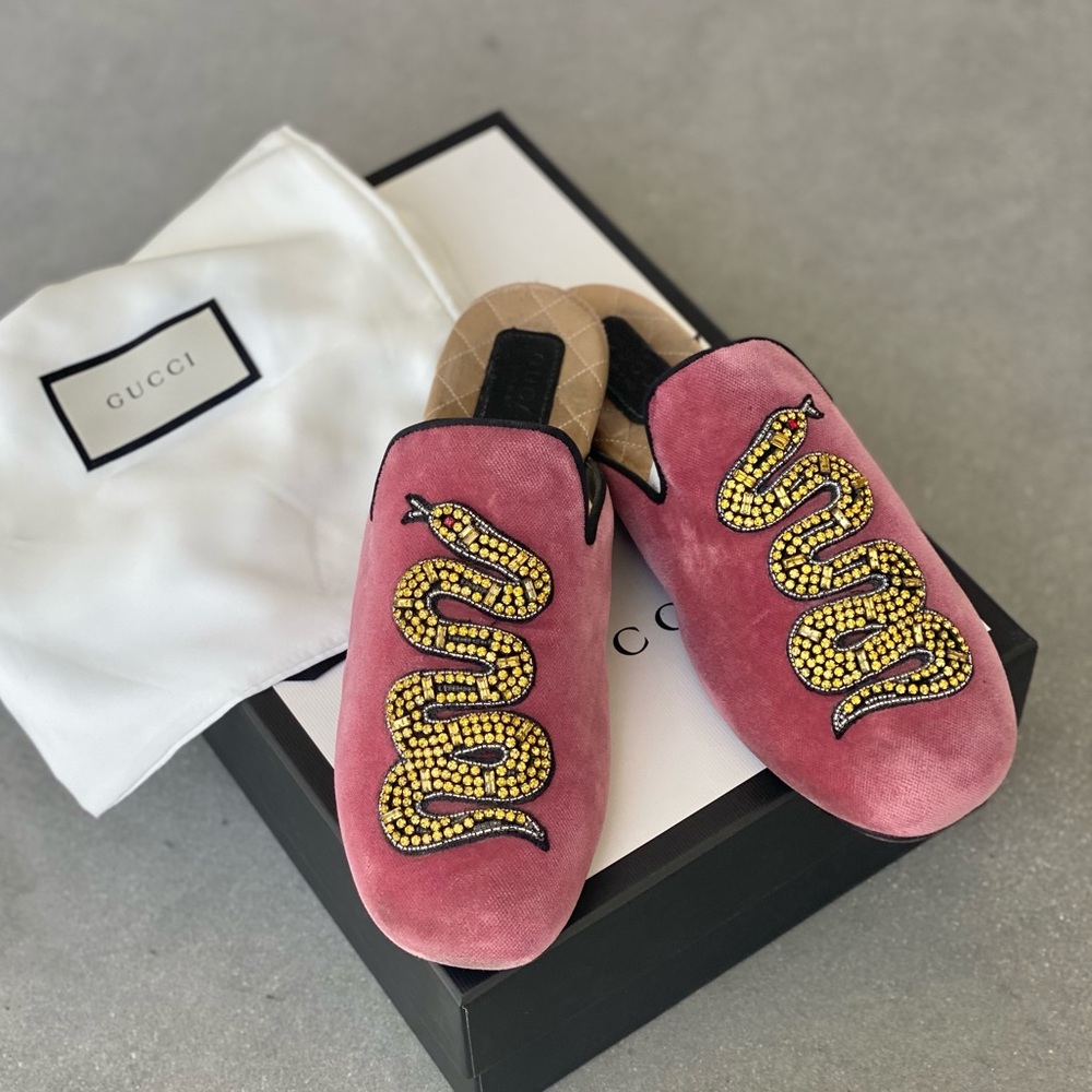 Gucci Pink Flats with Yellow Snake Embroidery
